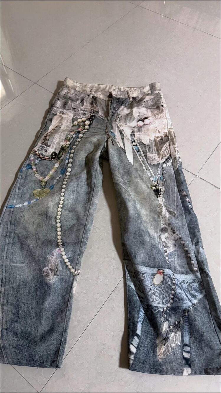 Acne Studios Style 3D Keychain Printed Gray Baggy Wide-leg Jeans size 32